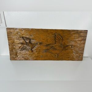 Beautiful Hand Carved Wooden Wall Hanging Geese Birds MCM 70s Art Vintage Wood